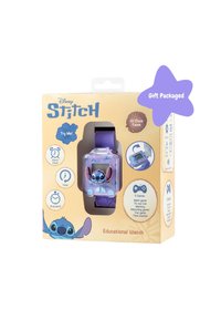 Orologio educativo con quadrante quadrato trasparente caratterizzato da un design di Stitch, cinturino in silicone viola e confezione regalo con icone dei giochi.