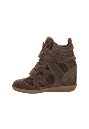 Brown suede wedge sneaker with three straps and leopard print fabric panels on a white background.