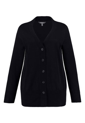Černý pletený cardigan s dlouhými rukávy, V-výstřihem a zapínáním na knoflíky vpředu. Má žebrované manžety a rovný lem. Hladká textura.
