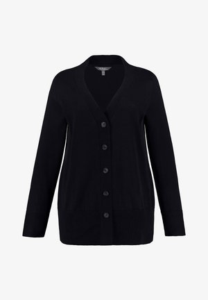 Cardigan nero lavorato a maglia con maniche lunghe, scollo a V e chiusura frontale con bottoni. Presenta polsini a costine e un orlo dritto. Tessuto liscio.
