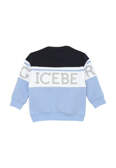 Felpa a maniche lunghe per bambini con blocchi di colore nero, bianco e azzurro chiaro e con la scritta "ICEBERG" sulla schiena.