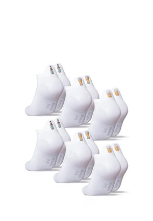 White ankle socks in sets of two, each pair featuring small beer-themed icons—bottles, pints, or mugs—on the back cuff area.