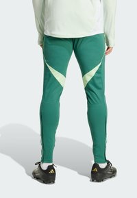 Zielone spodnie sportowe z jasnooliwkowymi akcentami po bokach i zamkami błyskawicznymi przy kostkach. Tkanina wydaje się gładka i elastyczna. Czarne buty sportowe z złotym logo.