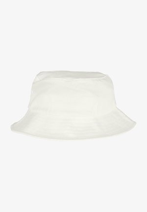 White bucket hat made of cotton, featuring a flat crown and wide, downturned brim with a textured finish and minimalistic design.