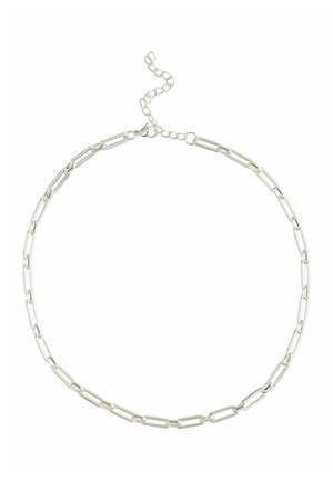 Silver chain necklace with elongated oval links and an adjustable clasp on a white background.
