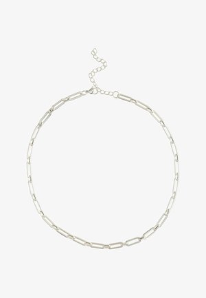 Silver chain necklace with elongated oval links and an adjustable clasp on a white background.