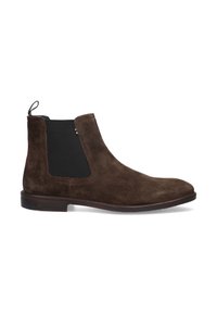 Bottes Chelsea en suède marron avec des panneaux latéraux élastiques, une languette de tirage et une semelle en caoutchouc plate. Texture lisse avec des détails de couture minimalistes.