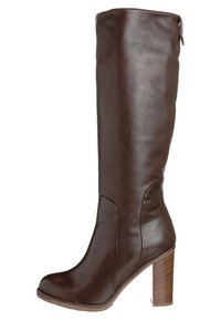 Botte marron en cuir montante jusqu'au genou avec un design élégant, un bout rond et un talon en bois épais. Dotée d'une fermeture éclair.