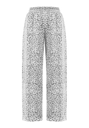 Pantalones de corte holgado con estampado de leopardo gris y blanco y cintura elástica, mostrados sobre un fondo blanco.