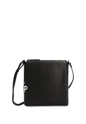 Black leather crossbody bag with adjustable strap and silver "P" charm, minimalist design, and zipper closure.