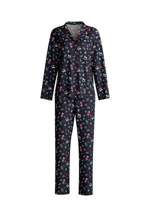 Ensemble de pyjama bleu marine comprenant des manches longues et un pantalon, orné d'un motif d'oiseaux, de flocons de neige et d'éléments festifs en rouge et blanc.