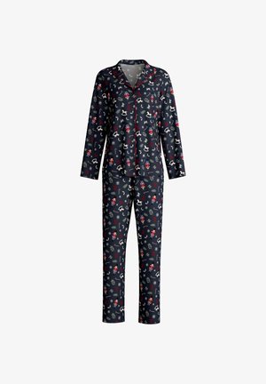 Navy Pyjamahose mit langen Ärmeln und Hosen, verziert mit einem Muster aus Vögeln, Schneeflocken und festlichen Elementen in Rot und Weiß.