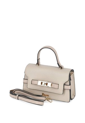 Kremowa skórzana torebka z górnym uchwytem, odpinanym paskiem na ramię i złotym zapięciem na przedniej klapie.