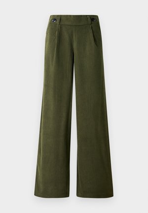 Pantalons en velours côtelé à jambes larges de couleur vert foncé. Présentent une texture lisse, deux poches avant et deux fermetures à boutons à la taille.
