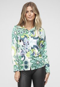 Košile s dlouhým rukávem z hladké látky s květinovým vzorem v zelené, modré a fialové barvě, s límečkem a zapínáním na knoflíky vpředu.