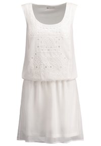 Robe blanche sans manches avec encolure ronde et motifs géométriques et floraux blancs brodés de manière complexe sur le corsage et la taille.