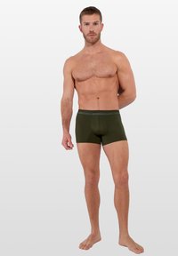 Boxer shorts de algodón verde con un ajuste ceñido, con una cinturilla negra que lleva el nombre de la marca, exhibidos sobre un fondo degradado neutro.