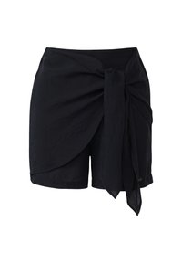 Zwarte shorts met een wikkelontwerp en een strikdetail rond de taille. Gemaakt van lichtgewicht stof, hebben ze een zachte textuur en een rechte snit.