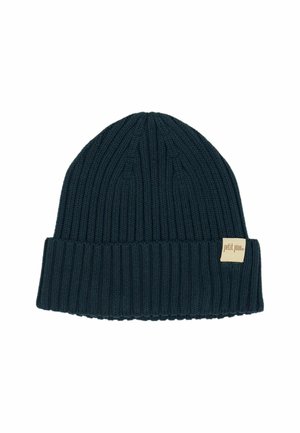 Gebreide beanie in donker teal, met een geribde textuur en een opgerolde boord. Inclusief een klein rechthoekig label aan de voorkant.