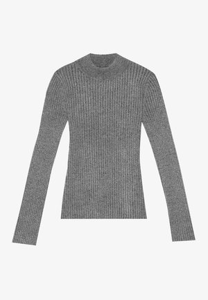 Grå ribbad turtlenecktröja med långa ärmar, tillverkad av strukturerat stickat material, med en figurnära design och minimalistisk stil.