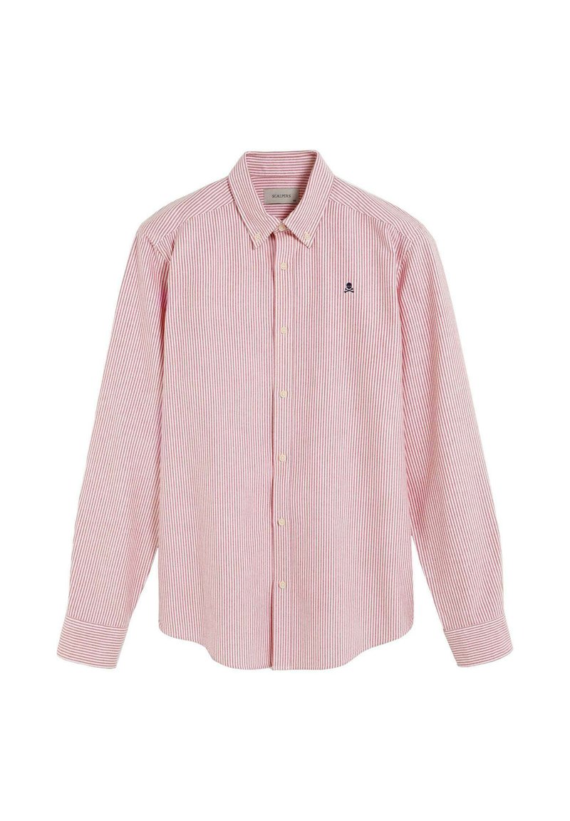 Camisa de manga larga a rayas rojas y blancas con cuello abotonado, que cuenta con un pequeño logo bordado azul en el pecho. Material de algodón.