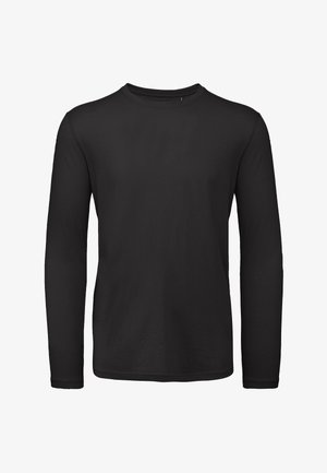 Zwarte longsleeve T-shirt van zacht katoen, met een ronde halslijn en een subtiele, gladde textuur zonder zichtbare logo's of patronen.