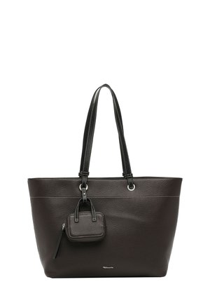 Dark brown leather tote bag with double black handles and a small matching pouch attached to one handle.