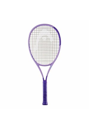 Purple tennis racket with tightly strung strings and a wrapped grip on a white background.