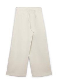 Helle beige weit geschnittene Hose aus glattem Stoff mit gefaltetem Vorderteil, Reißverschluss und gesäumtem Saum. Keine sichtbaren Taschen.