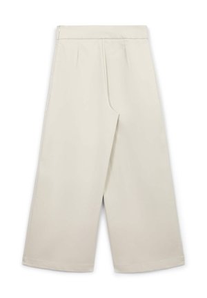 Pantaloni beige a gamba larga con tessuto liscio, dotati di due pieghe davanti, zip nascosta e vita a taglio medio.