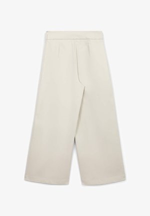 Pantaloni beige a gamba larga con tessuto liscio, dotati di due pieghe davanti, zip nascosta e vita a taglio medio.