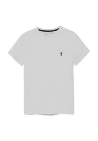 Grijze katoenen t-shirt met een ronde hals en korte mouwen. Voorzien van een klein marineblauw golfer-logo op de linkerborst. Glad van textuur.