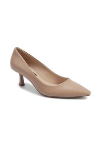 Beige patent leather pump with a pointed toe and a slender 2-inch heel. Smooth texture and minimalistic design without visible branding.
