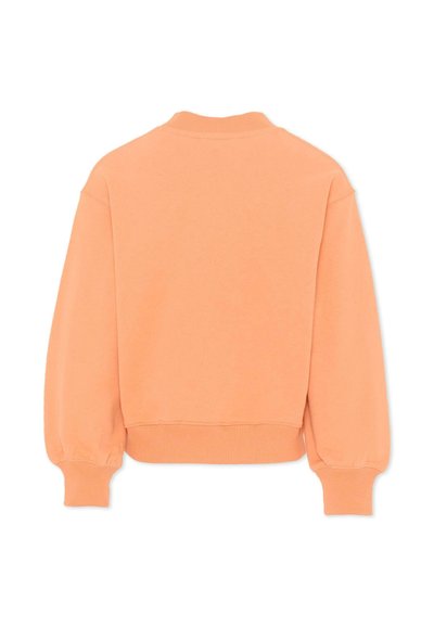 Bluza w kolorze brzoskwiniowym z długim rękawem, z prążkowanymi mankietami, obrzeżem i dekoltem, widoczna od tyłu na białym tle.