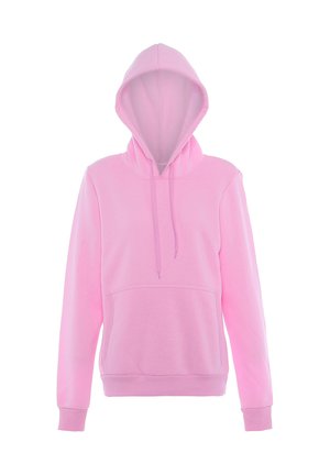 Lichtroze hoodie met lange mouwen, voorzak (kangeroezak) en verstelbare trekkoorden aan de capuchon, van voren getoond.