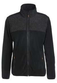 Schwarze Fleecejacke mit einer strukturierten grauen oberen Partie, durchgehendem Reißverschluss, hohem Kragen und Seitentaschen. Ausgestattet mit braunen Reißverschlusszügen.