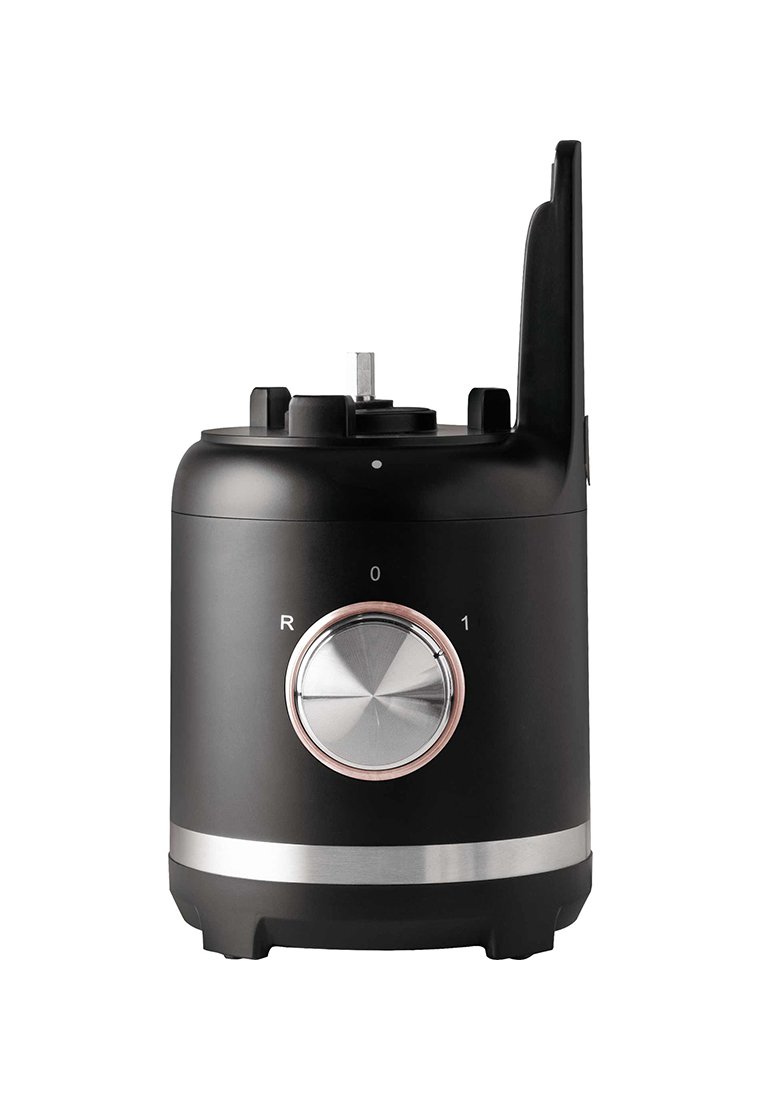 Černý elektrický podstavec mixéru se stříbrným ovládacím kolečkem nastaveným na vypnuto, označený 0, 1 a R, a kovovým pruhem blízko dolního okraje.