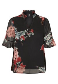 Blusa nera con scollatura a V e colletto ondulato, caratterizzata da stampe floreali e di uccelli colorate. Tessuto trasparente con maniche corte a sbuffo.