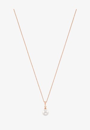 Collier en or rose avec une fine chaîne et un pendentif en perle blanche ronde. Le design est élégant et minimaliste.
