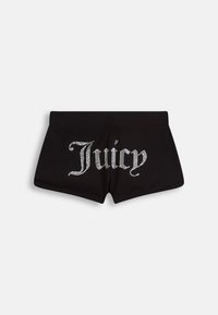 Shorts noirs pour femmes avec le mot "Juicy" écrit en strass argentés à l'arrière, dotés d'une taille haute et de jambes courtes.