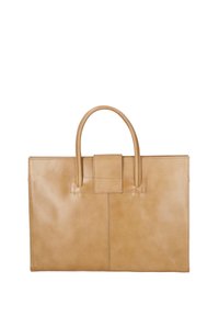 Borsa tote in pelle marrone chiaro con due maniglie superiori, forma rettangolare, texture liscia e chiusura centrale con cinturino. Design semplice e minimale senza decorazioni.