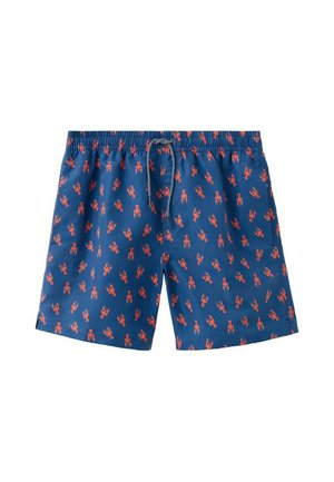 Plave kupaće kratke hlače s elastičnim pojasom i bijelim vezicama, ukrašene uzorkom crvenih jastoga po cijeloj površini.