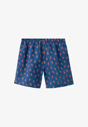 Blaue Badeshorts mit elastischem Bund und weißem Kordelzug, versehen mit einem durchgehenden Muster roter Hummer.