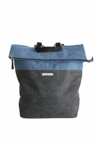 Blue and gray fabric backpack with a roll-top closure, a front zipper pocket, and reinforced black handles. Textured material with a structured shape.