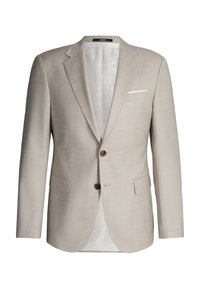 Blazer beige pour homme à simple boutonnage avec revers crantés, deux boutons, poches à rabat et un mouchoir blanc dans la poche poitrine.
