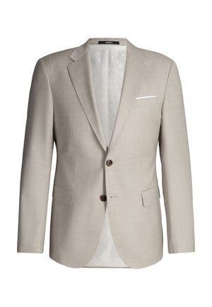 Beige enkelrijzend herenblazer met inkeping revers, twee knopen, klepzakken en een wit pochet in de borstzak.