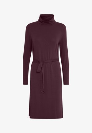 Langarm jurk met col in bordeaux, met een ceintuur in de taille, van soepel stof en een rechte snit met een lichte zijsplit.