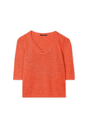 Short-sleeve V-neck sweater in bright orange knit fabric with a loose fit and textured finish. Features a ribbed hem and subtle detailing.