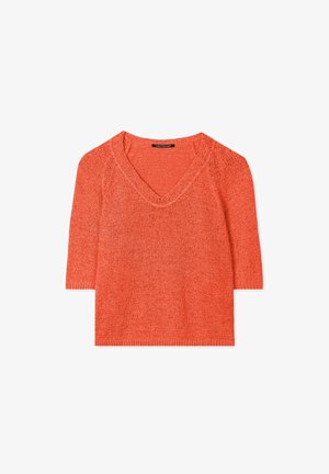 Short-sleeve V-neck sweater in bright orange knit fabric with a loose fit and textured finish. Features a ribbed hem and subtle detailing.