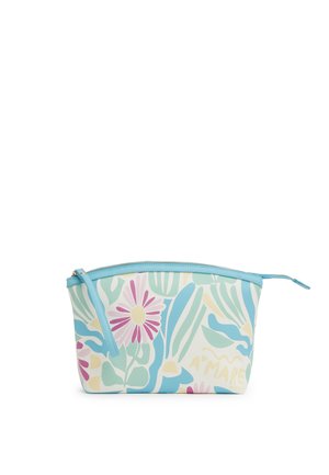 Piccola pochette con zip e bordo blu, con motivi floreali pastello e foglie astratte nei colori rosa, verde, blu e giallo.